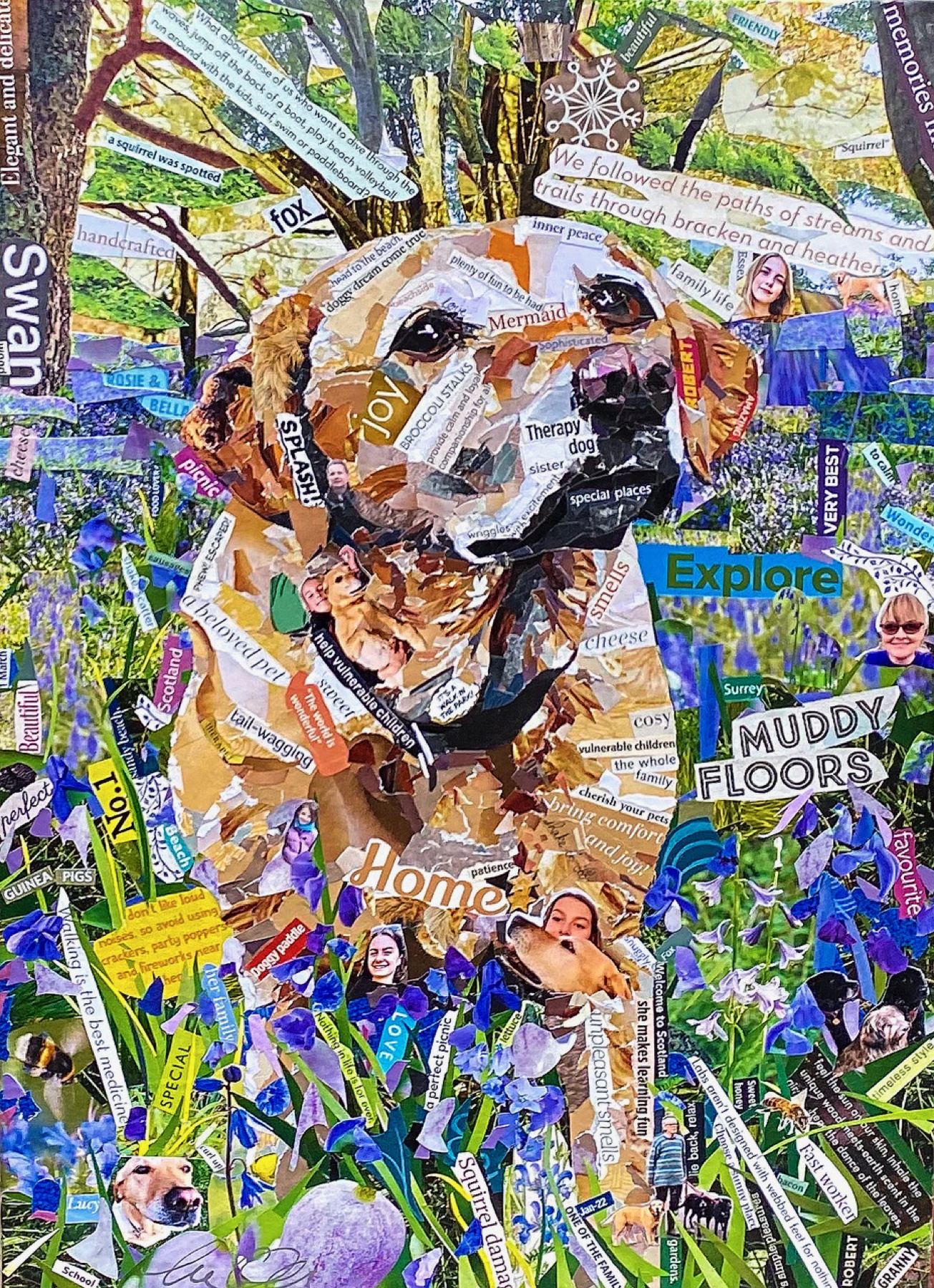 Handmade collage portrait of a golden Labrador among bluebells
