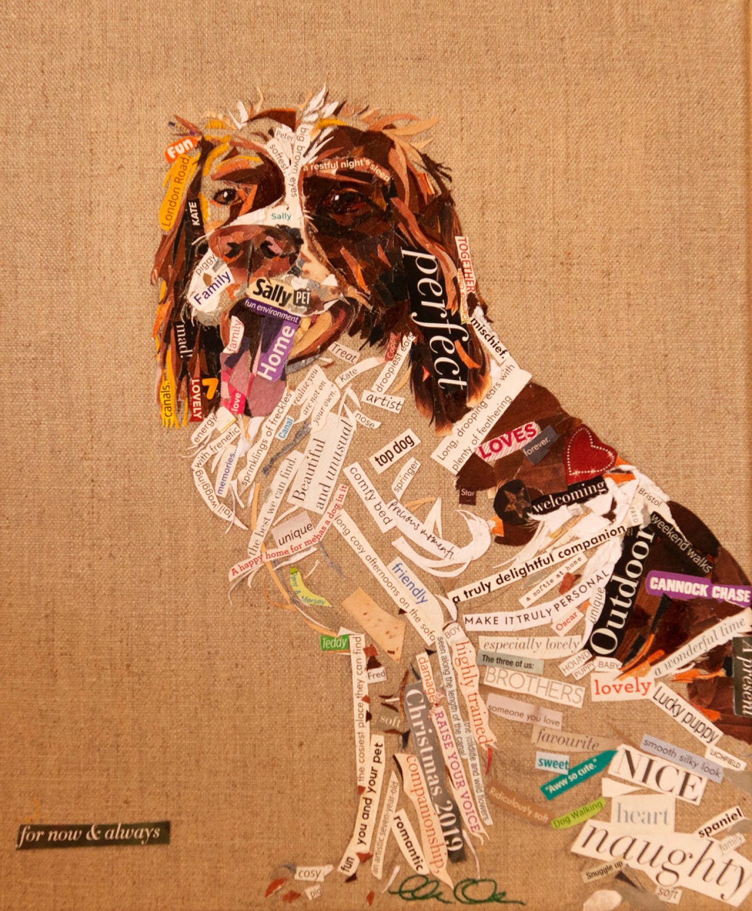 Collage portrait of a spaniel on a hessian background