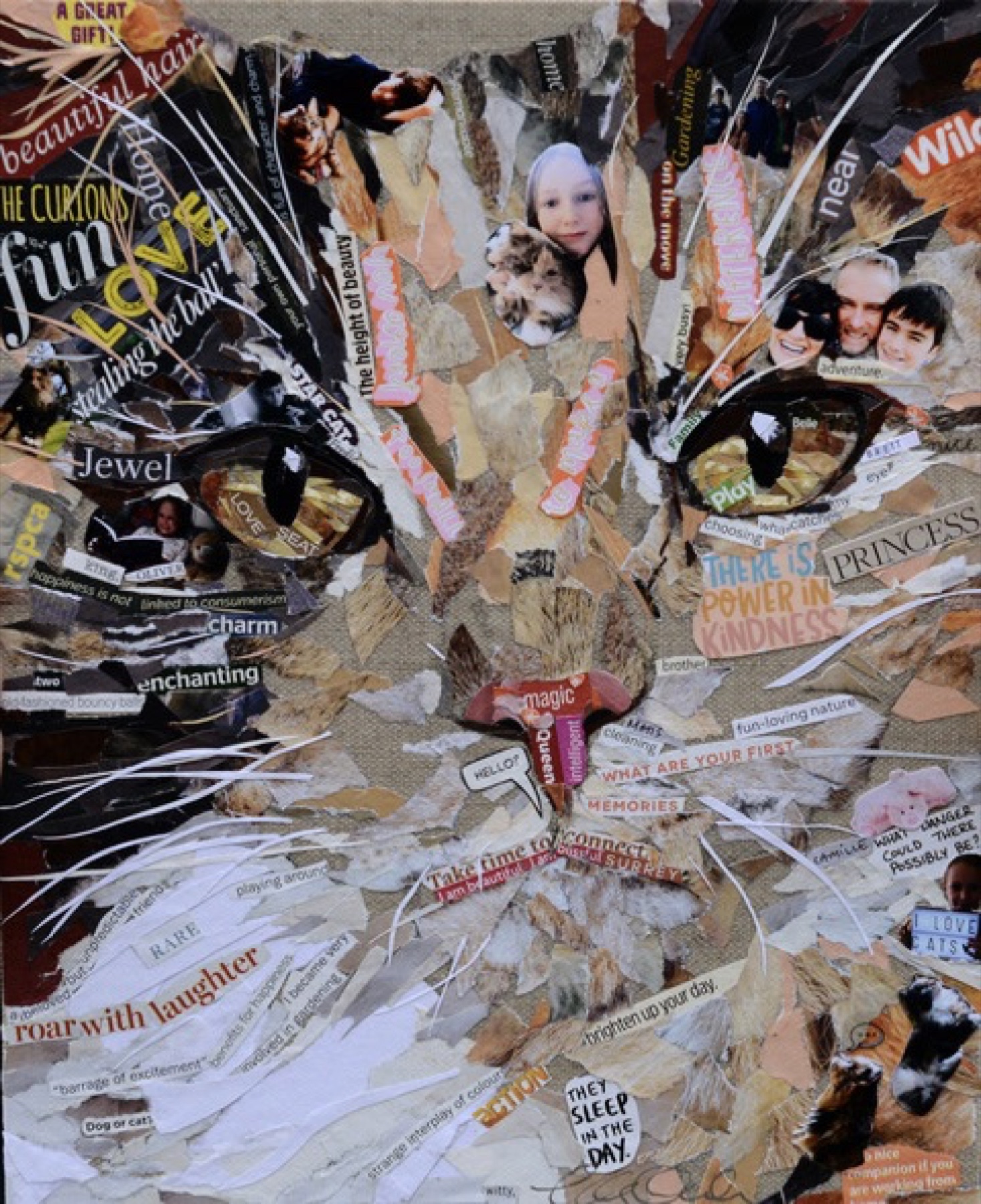 Bespoke collage portrait of a cat, layered with words and images