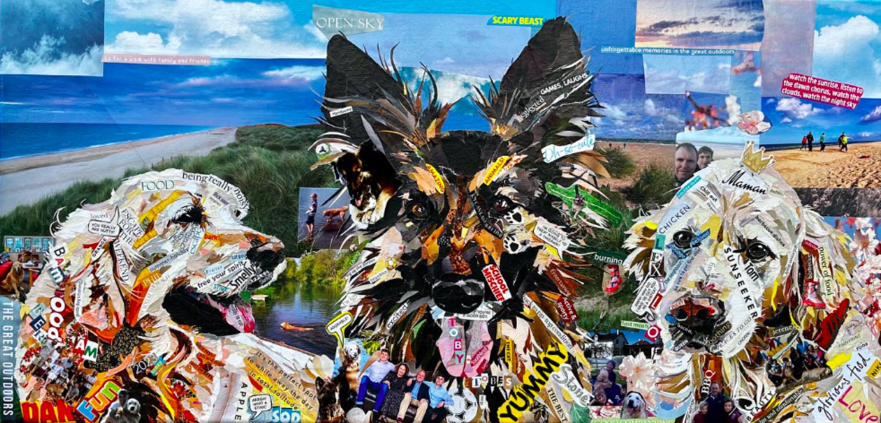 Collage portrait of three swans in a landscape composition